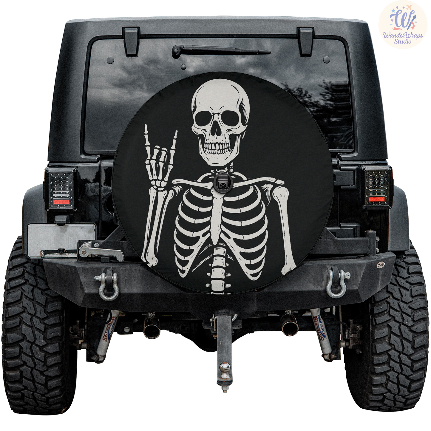 Rock On Skeleton Spare Tire Cover – Waterproof UV Resistant Protector with Camera Hole
