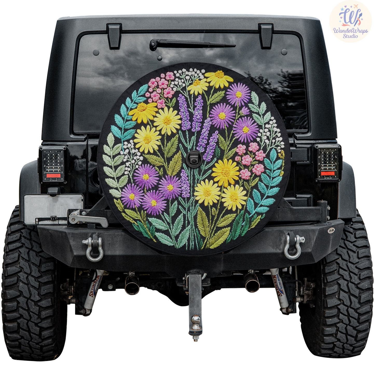 Purple Wildflower Spare Tire Cover – Waterproof UV Resistant Protector with Camera Hole