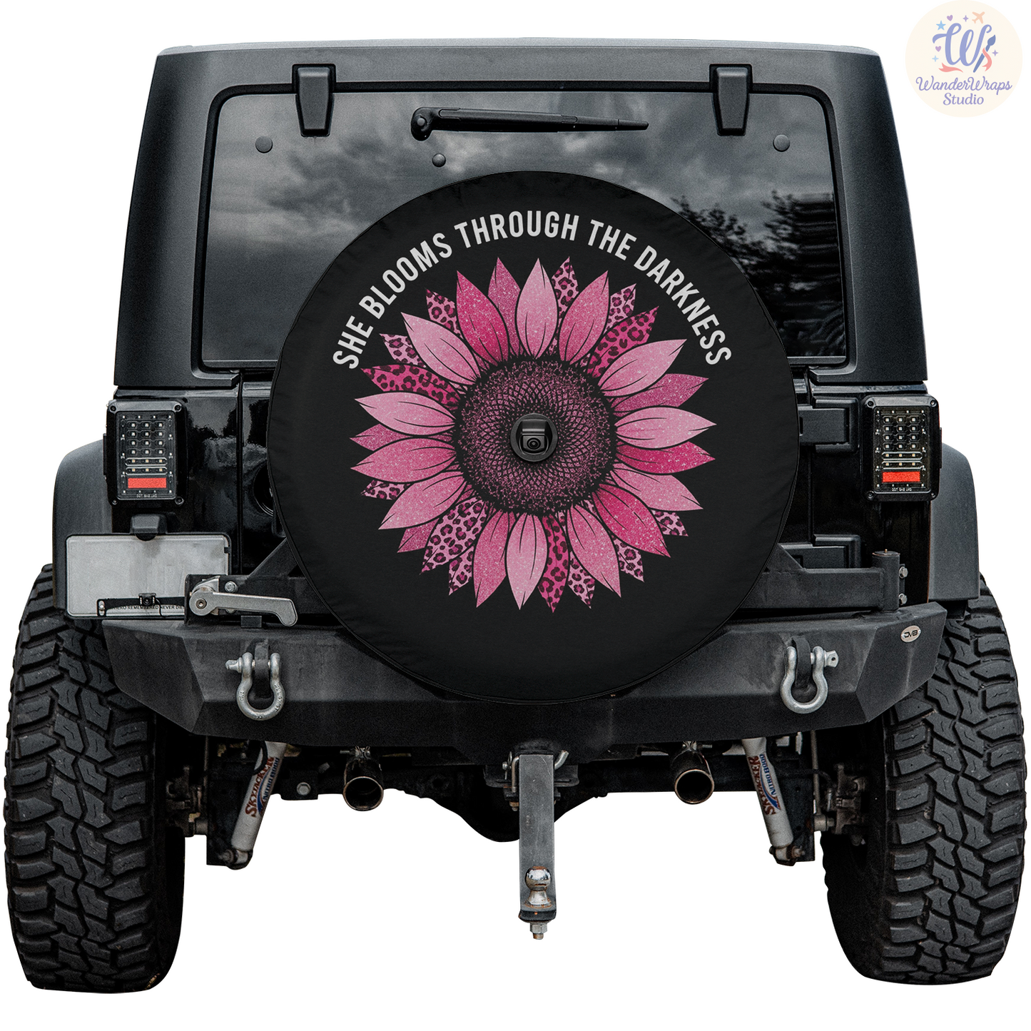 She Bloom Through Darkness Spare Tire Cover – Waterproof UV Resistant Protector with Camera Hole
