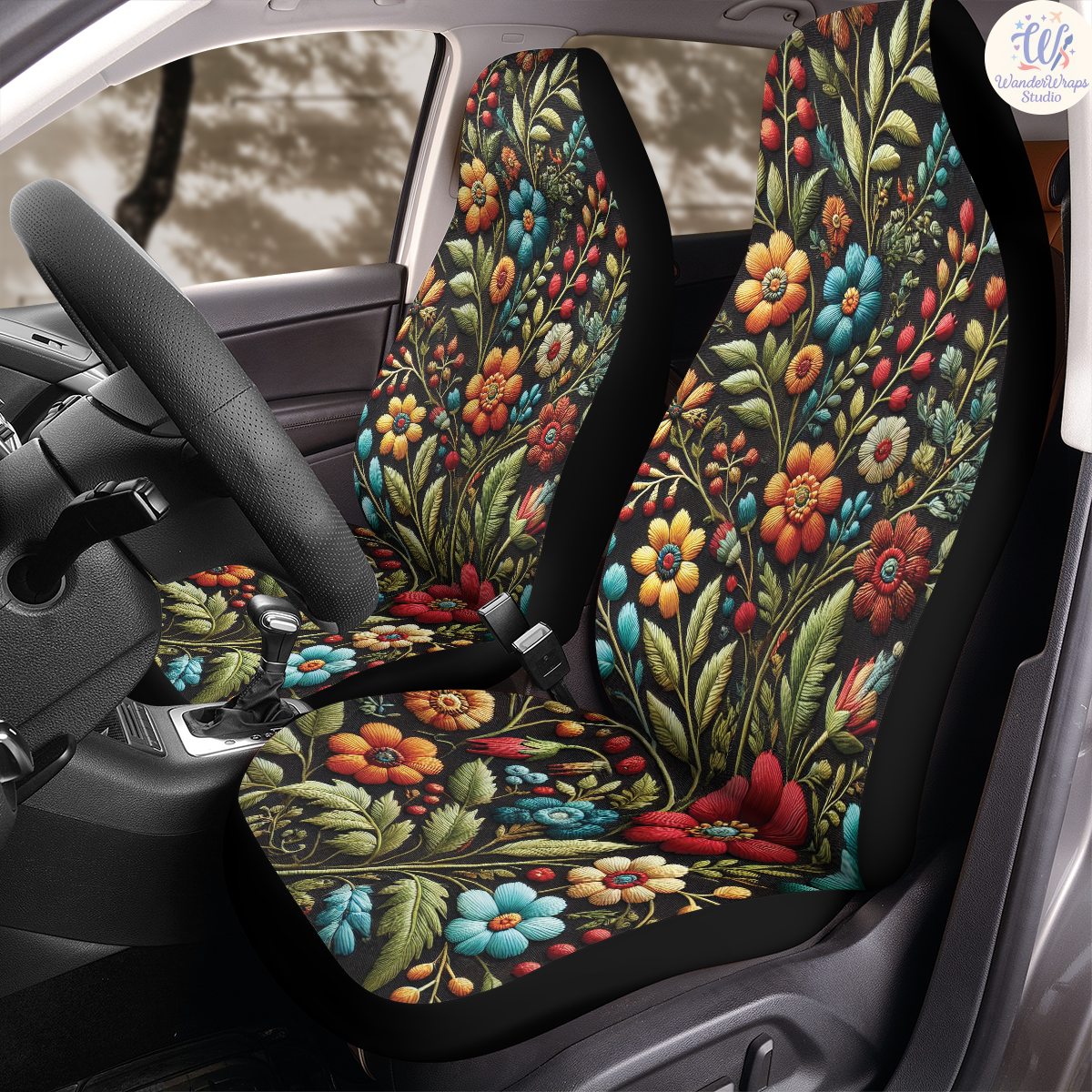 Midnight Bloom Folk Garden Car Seat Covers – High Quality Graphic and Polar Fleece Protector Set