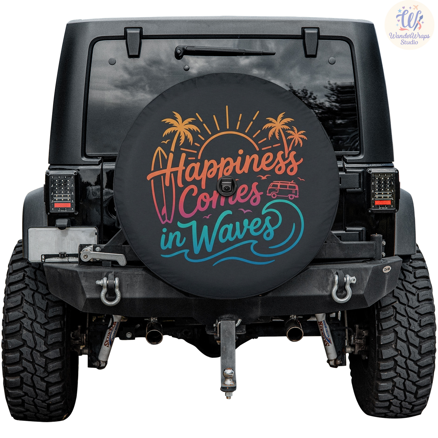 Happiness Comes In Waves Spare Tire Cover – Waterproof UV Resistant Protector with Camera Hole