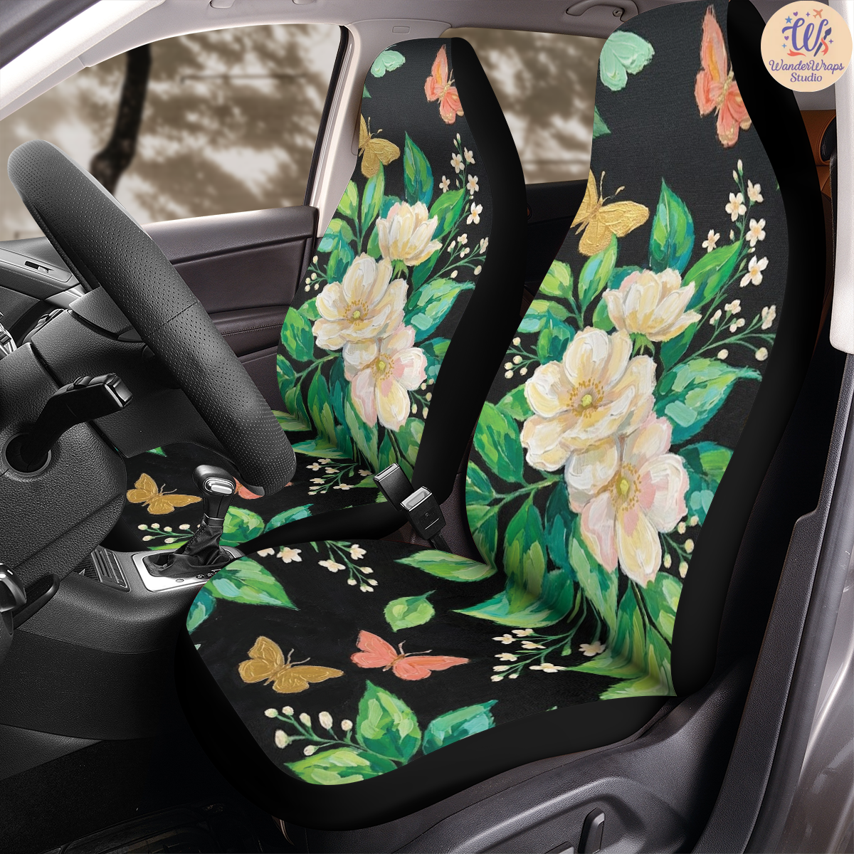 Midnight Botanical Elegance Painting Car Seat Covers – High Quality Graphic and Polar Fleece Protector Set