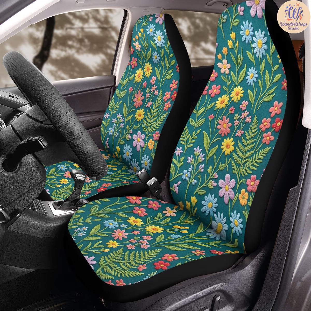 Colorful Faux Embroidered Wildflower Car Seat Covers – High Quality Graphic and Polar Fleece Protector Set