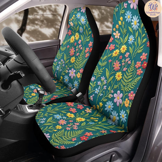 Colorful Faux Embroidered Wildflower Car Seat Covers – High Quality Graphic and Polar Fleece Protector Set