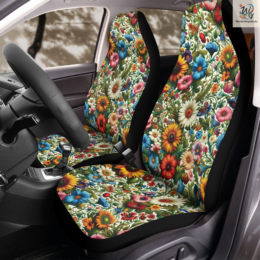 Colorful Vibrant Flowers Car Seat Covers – High Quality Graphic and Polar Fleece Protector Set