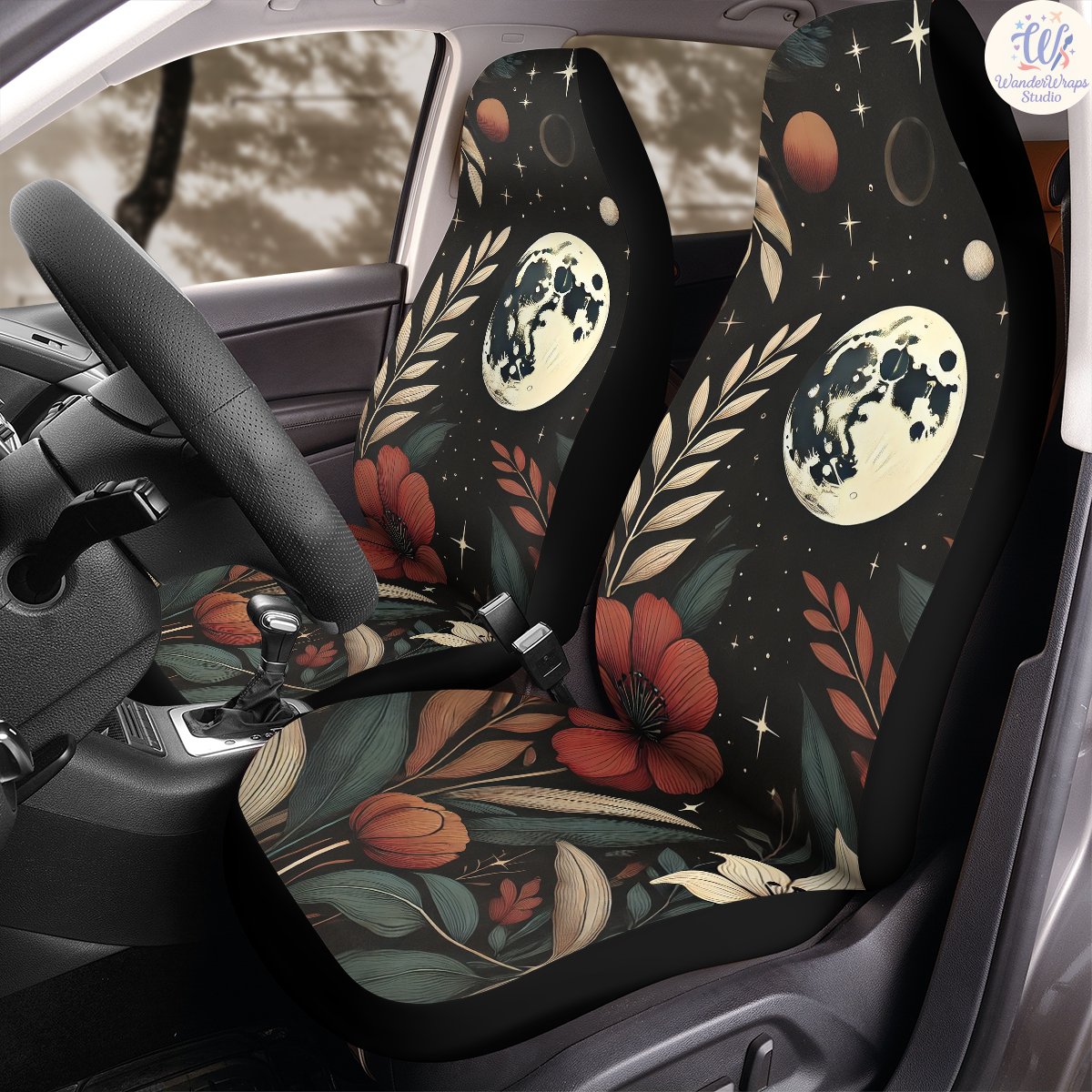 Full Moon Elegant Flowers Car Seat Covers – High Quality Graphic and Polar Fleece Protector Set