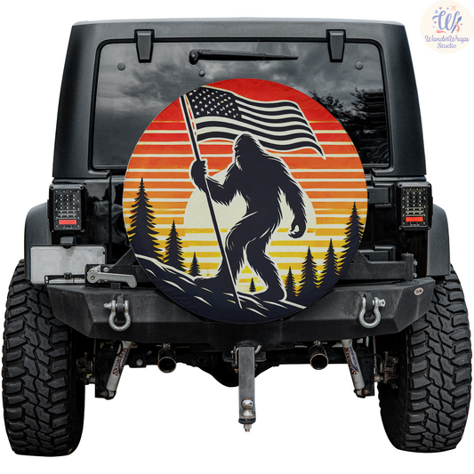 Big Foot American Flag Spare Tire Cover – Waterproof UV Resistant Protector with Camera Hole