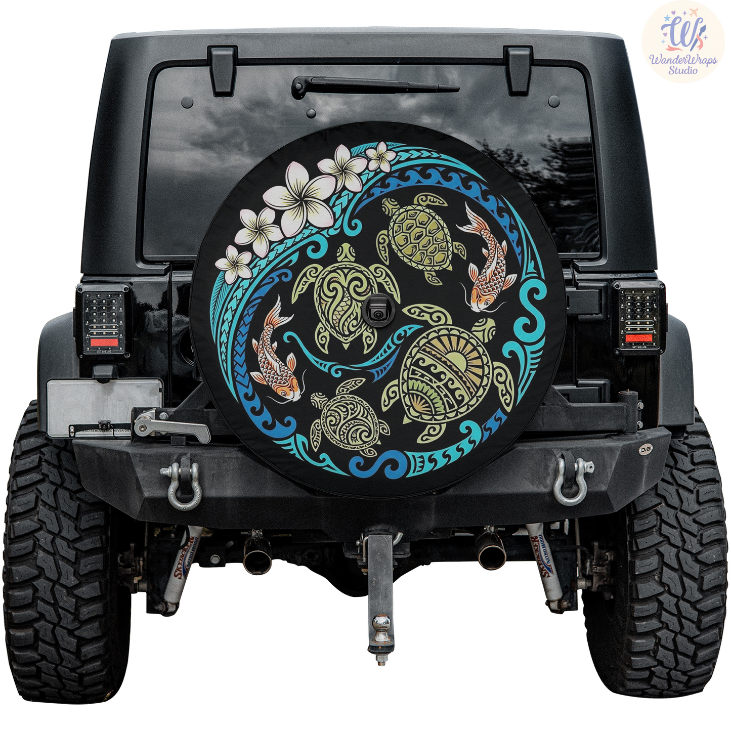 Ocean Scene with Turtles, Koi & Plumeria Spare Tire Cover – Waterproof UV Resistant Protector with Camera Hole