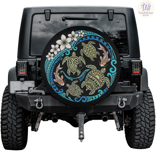 Ocean Scene with Turtles, Koi & Plumeria Spare Tire Cover – Waterproof UV Resistant Protector with Camera Hole