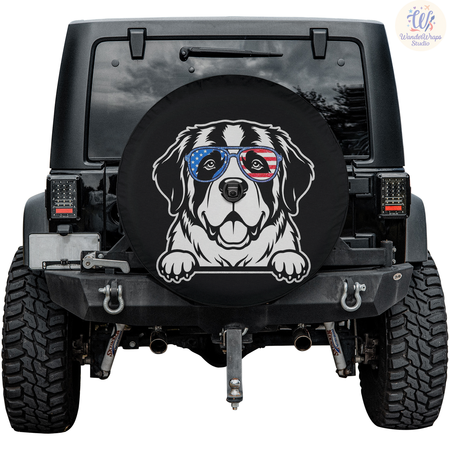 St. Bernard Patriotic Sunglasses Spare Tire Cover – Waterproof UV Resistant Protector with Camera Hole