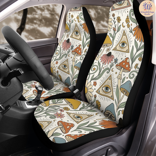 Mystical Retro Wildflower Mushroom Car Seat Covers – High Quality Graphic and Polar Fleece Protector Set