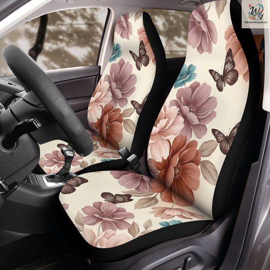 Vintage Blush Botanical Butterfly Pattern Car Seat Covers – High Quality Graphic and Polar Fleece Protector Set