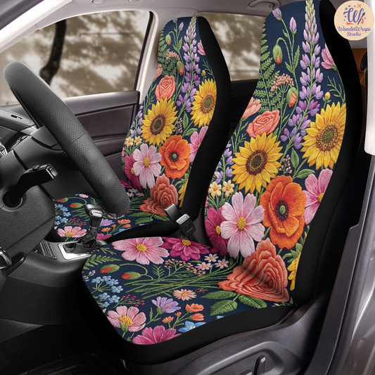 Midnight Wildflower Embroidery Car Seat Covers – High Quality Graphic and Polar Fleece Protector Set