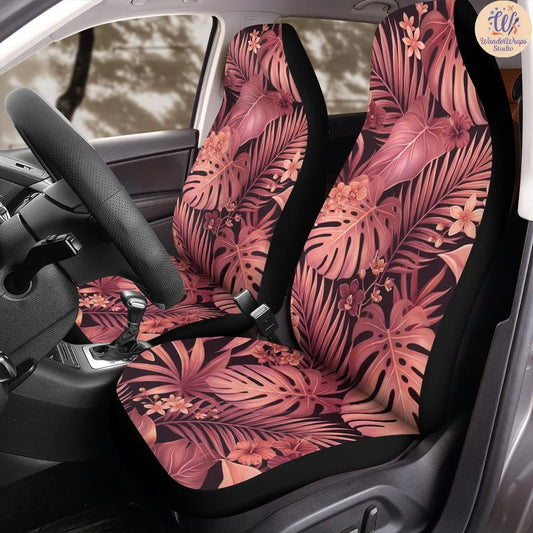 Pink & Coral Tropical Leaves Car Seat Covers – High Quality Graphic and Polar Fleece Protector Set