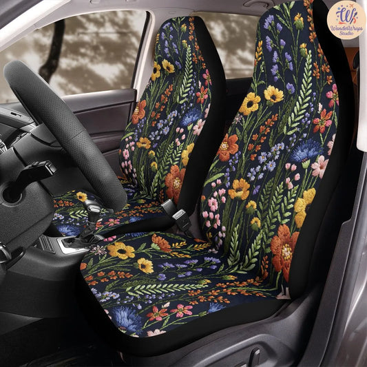 Midnight Meadow Faux Embroidery Car Seat Covers – High Quality Graphic and Polar Fleece Protector Set