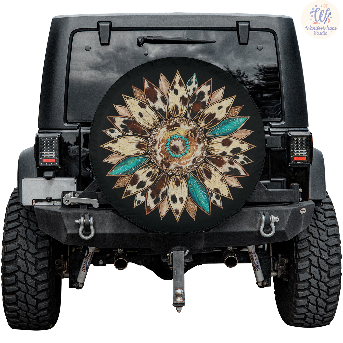 Cowhide Pattern Sunflower Spare Tire Cover – Waterproof UV Resistant Protector with Camera Hole