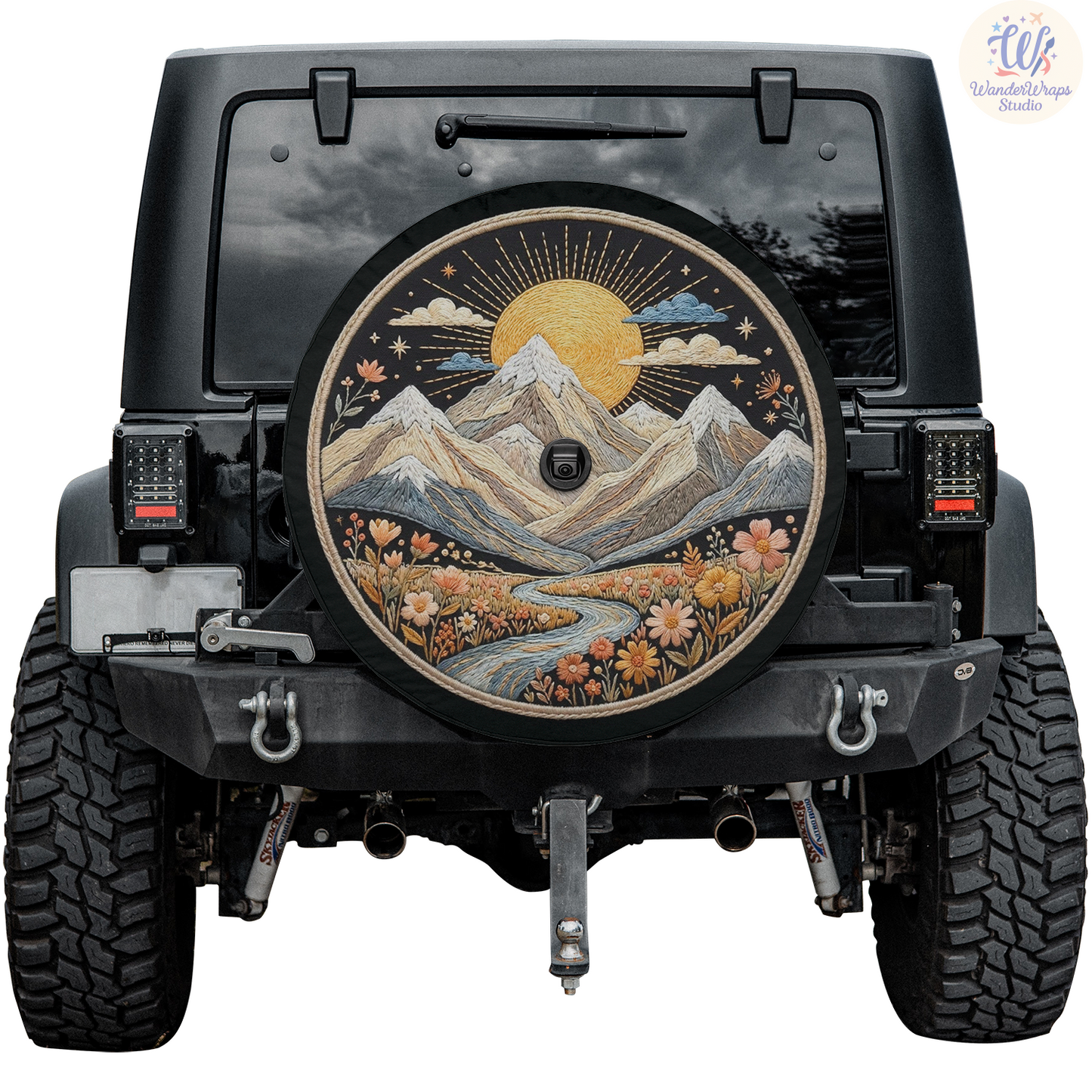 Embroidered Mountain Landscape Spare Tire Cover – Waterproof UV Resistant Protector with Camera Hole