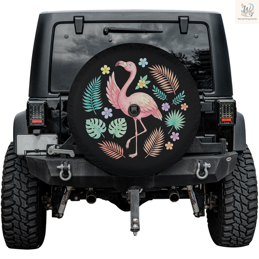 Pink Tropical Flamingo Spare Tire Cover – Waterproof UV Resistant Protector with Camera Hole
