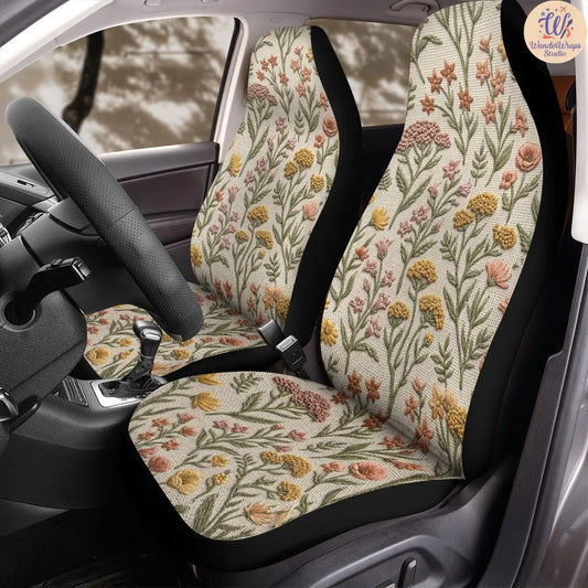 Vintage Meadow Wildflower Car Seat Covers – High Quality Graphic and Polar Fleece Protector Set