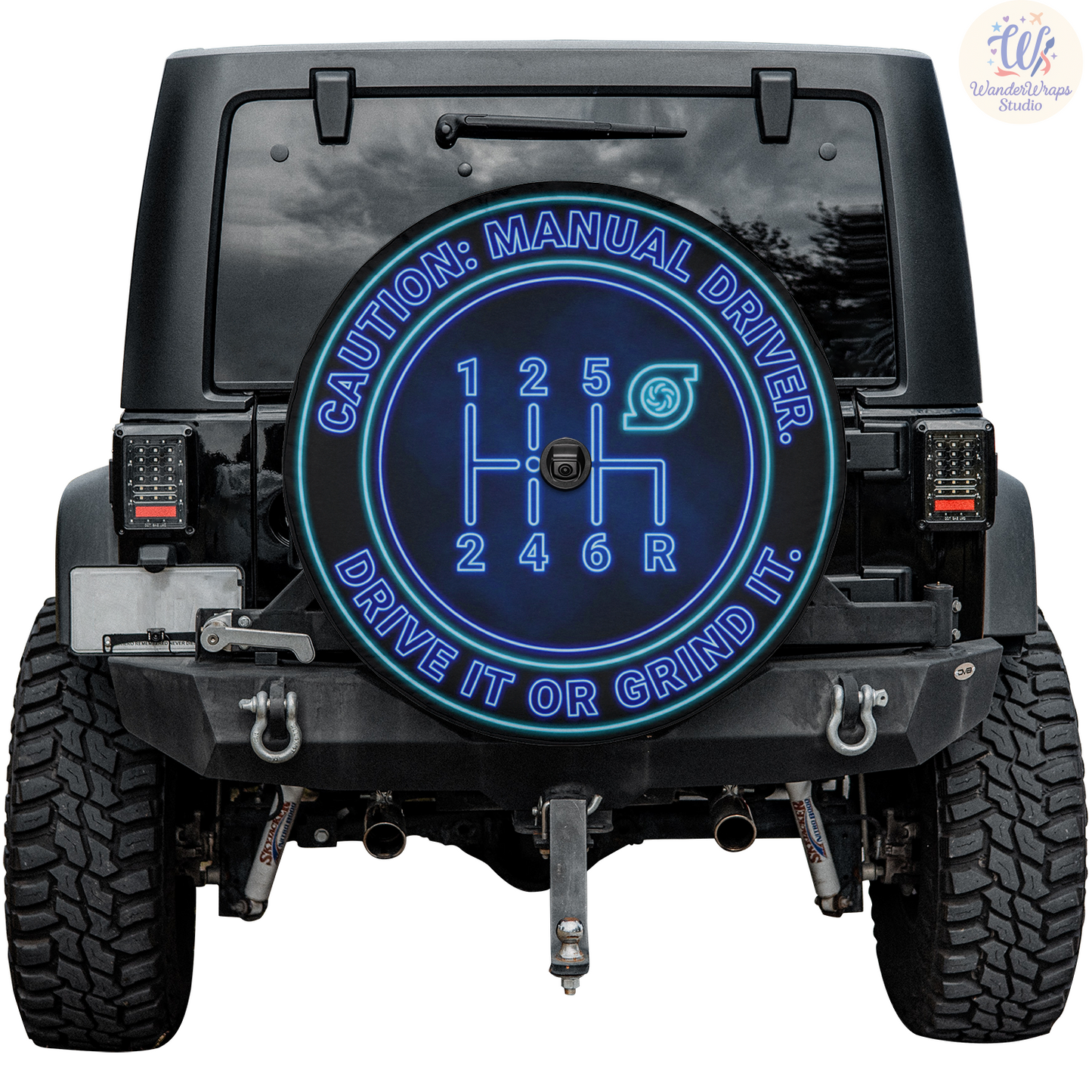 Caution Manual Driver Spare Tire Cover – Waterproof UV Resistant Protector with Camera Hole