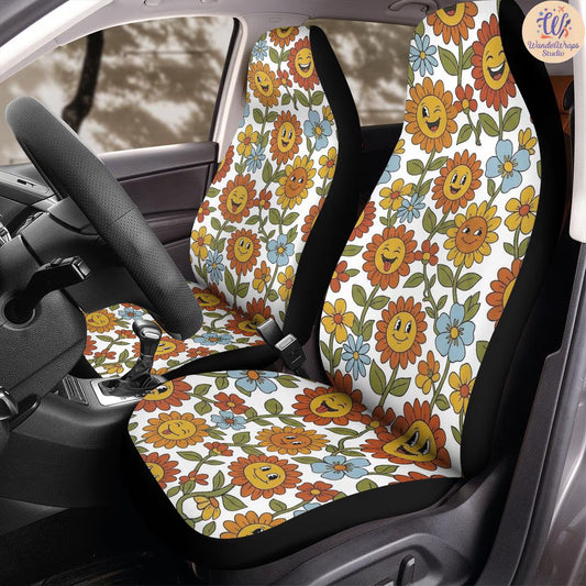 Happy Retro Sunflower Garden Car Seat Covers – High Quality Graphic and Polar Fleece Protector Set