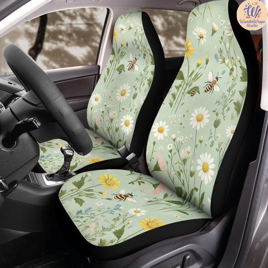 Cute Wildflower Meadow with Bees Car Seat Covers – High Quality Graphic and Polar Fleece Protector Set