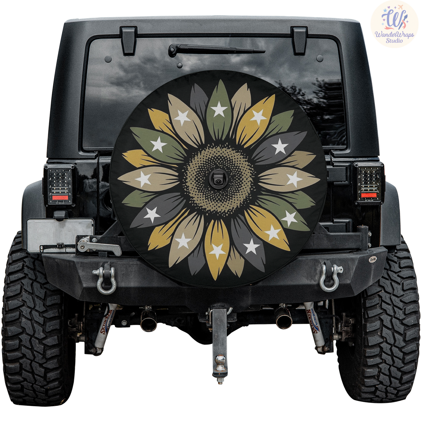 Sunflower Military Stars Spare Tire Cover – Waterproof UV Resistant Protector with Camera Hole