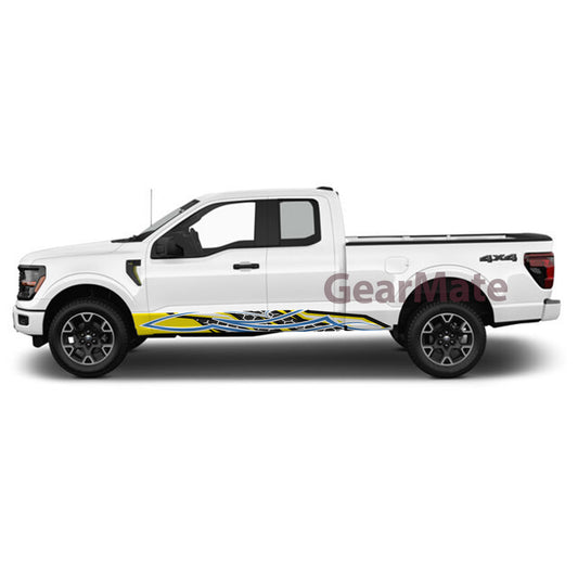 Racing Pinstripe Yellow Blue Rocker Panel Graphic Decal Kit (Left & Right Sides) - High Quality Vinyl for Trucks & SUVs