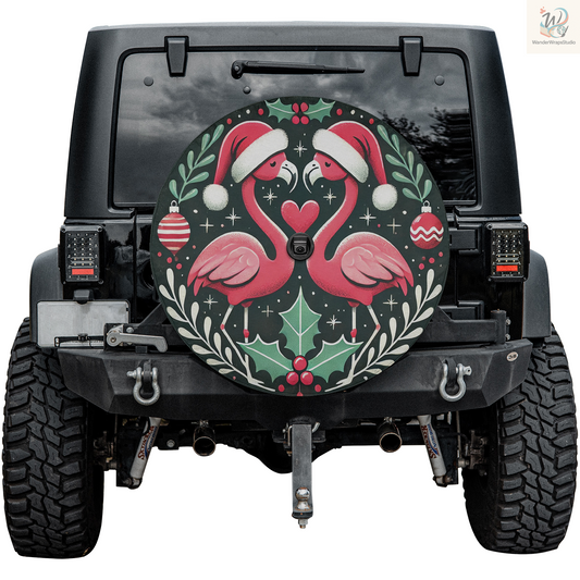Christmas Flamingo Spare Tire Cover – Waterproof UV Resistant Protector with Camera Hole
