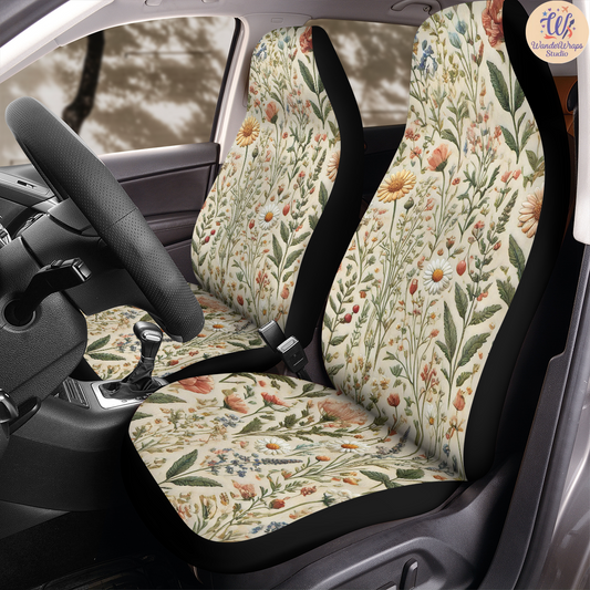 Wildflowers Faux Embroidery Car Seat Covers – High Quality Graphic and Polar Fleece Protector Set