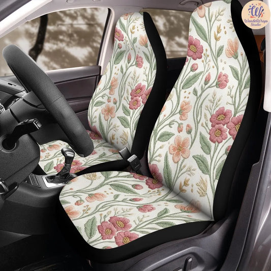 Meadow Wildflowers Faux Embroidered Car Seat Covers – High Quality Graphic and Polar Fleece Protector Set
