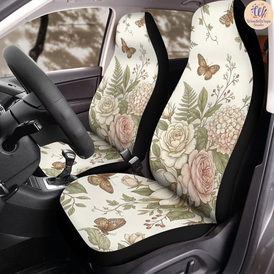Vintage Botanical Butterfly Garden Pattern Car Seat Covers – High Quality Graphic and Polar Fleece Protector Set