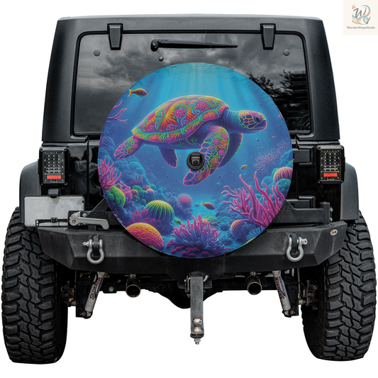 Neon Turtle Sea Spare Tire Cover – Waterproof UV Resistant Protector with Camera Hole