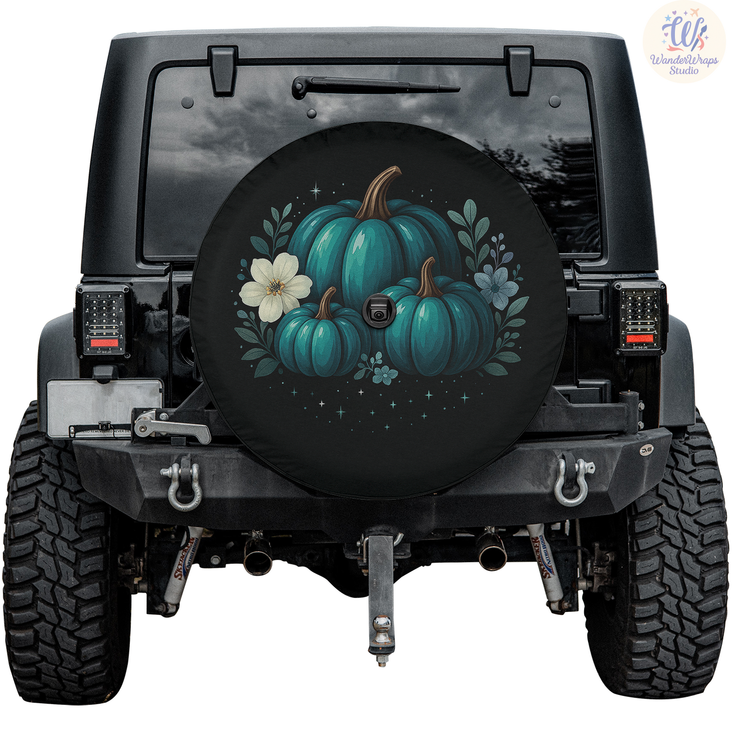 Pumpkins In Teal Spare Tire Cover – Waterproof UV Resistant Protector with Camera Hole