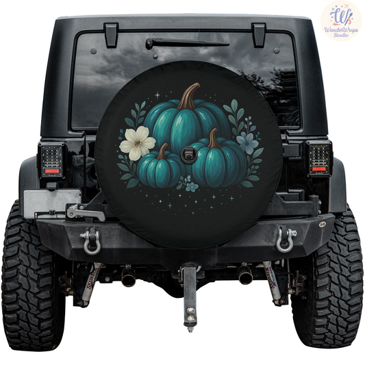 Pumpkins In Teal Spare Tire Cover – Waterproof UV Resistant Protector with Camera Hole