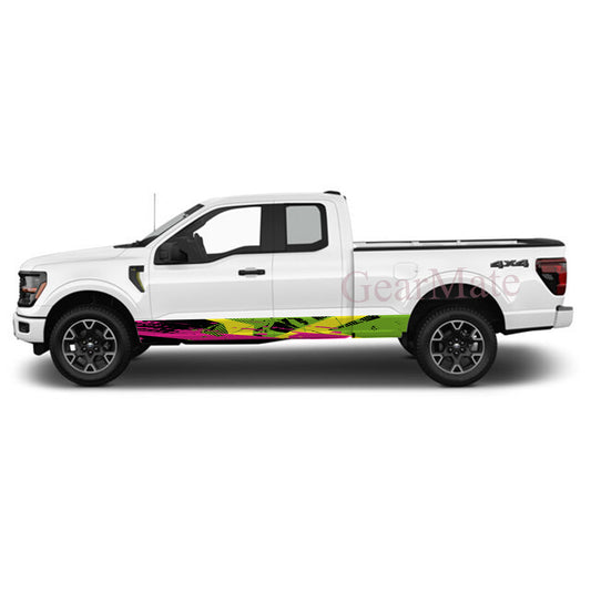 Racing Stripe Green Yellow Rocker Panel Graphic Decal Kit (Left & Right Sides) - High Quality Vinyl for Trucks & SUVs