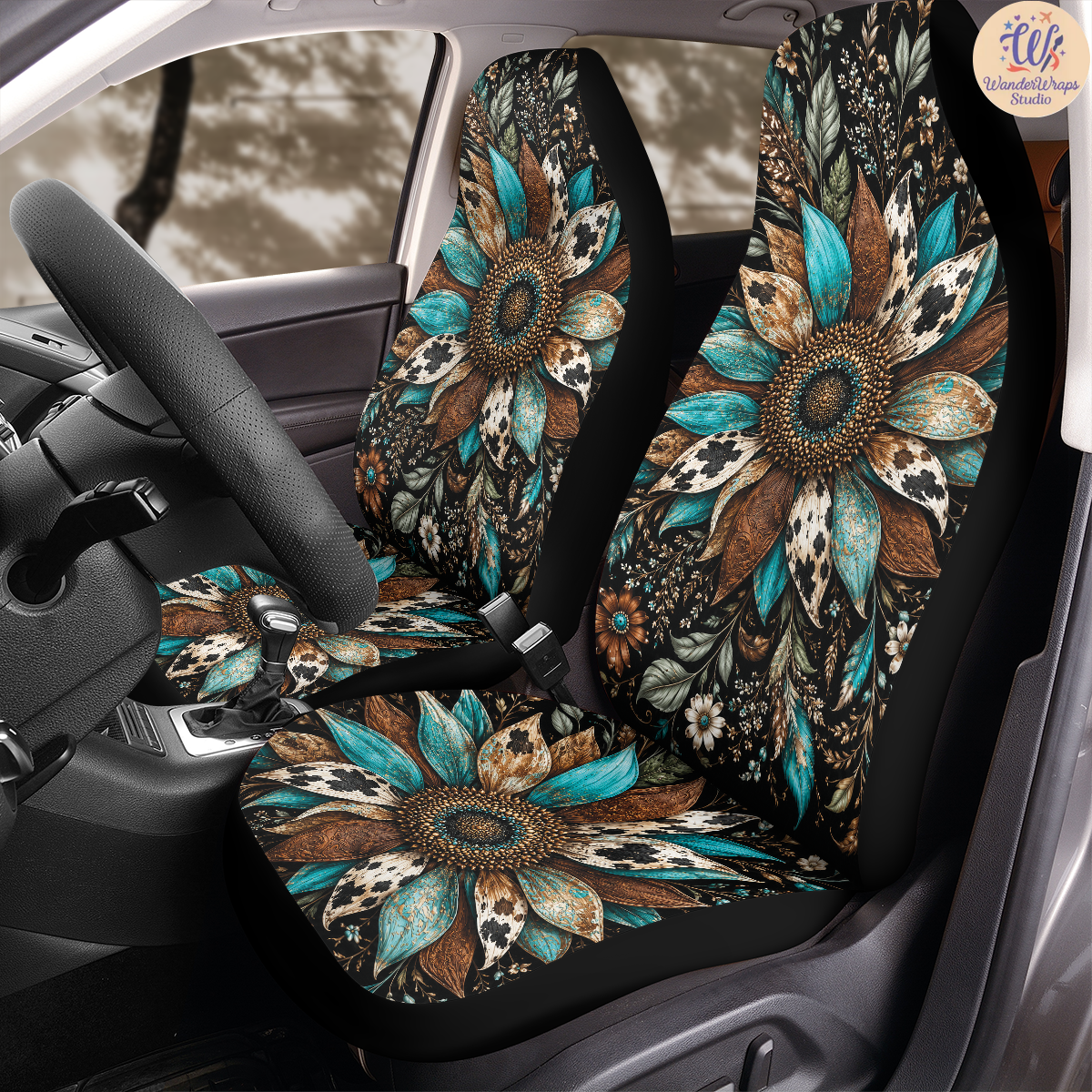 Teal Cowhide Sunflower Bloom Car Seat Covers – High Quality Graphic and Polar Fleece Protector Set