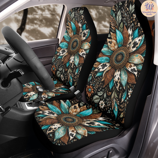 Teal Cowhide Sunflower Bloom Car Seat Covers – High Quality Graphic and Polar Fleece Protector Set