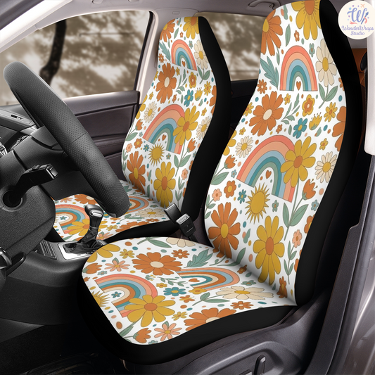 Retro Hippe Floral Rainbow Car Seat Covers – High Quality Graphic and Polar Fleece Protector Set