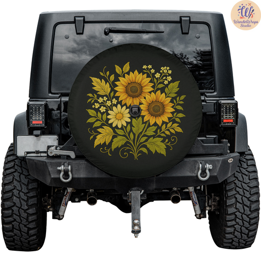Sun Flower Faux Embriodery Spare Tire Cover – Waterproof UV Resistant Protector with Camera Hole