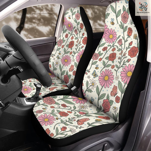 Retro Daisy, Rose & Butterfly Garden Car Seat Covers – High Quality Graphic and Polar Fleece Protector Set