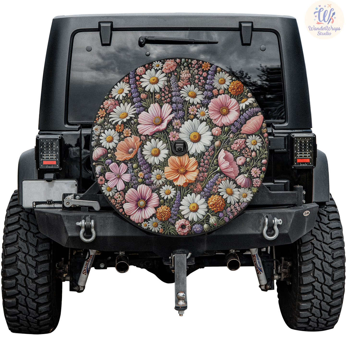 Wildflowers Faux Embriodery Spare Tire Cover – Waterproof UV Resistant Protector with Camera Hole