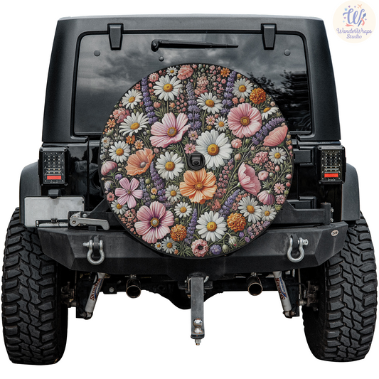 Wildflowers Faux Embriodery Spare Tire Cover – Waterproof UV Resistant Protector with Camera Hole