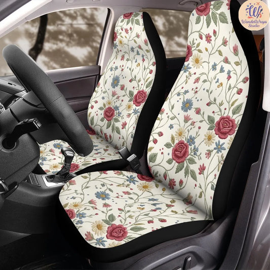 Vintage Floral Faux Embroidery Car Seat Covers – High Quality Graphic and Polar Fleece Protector Set