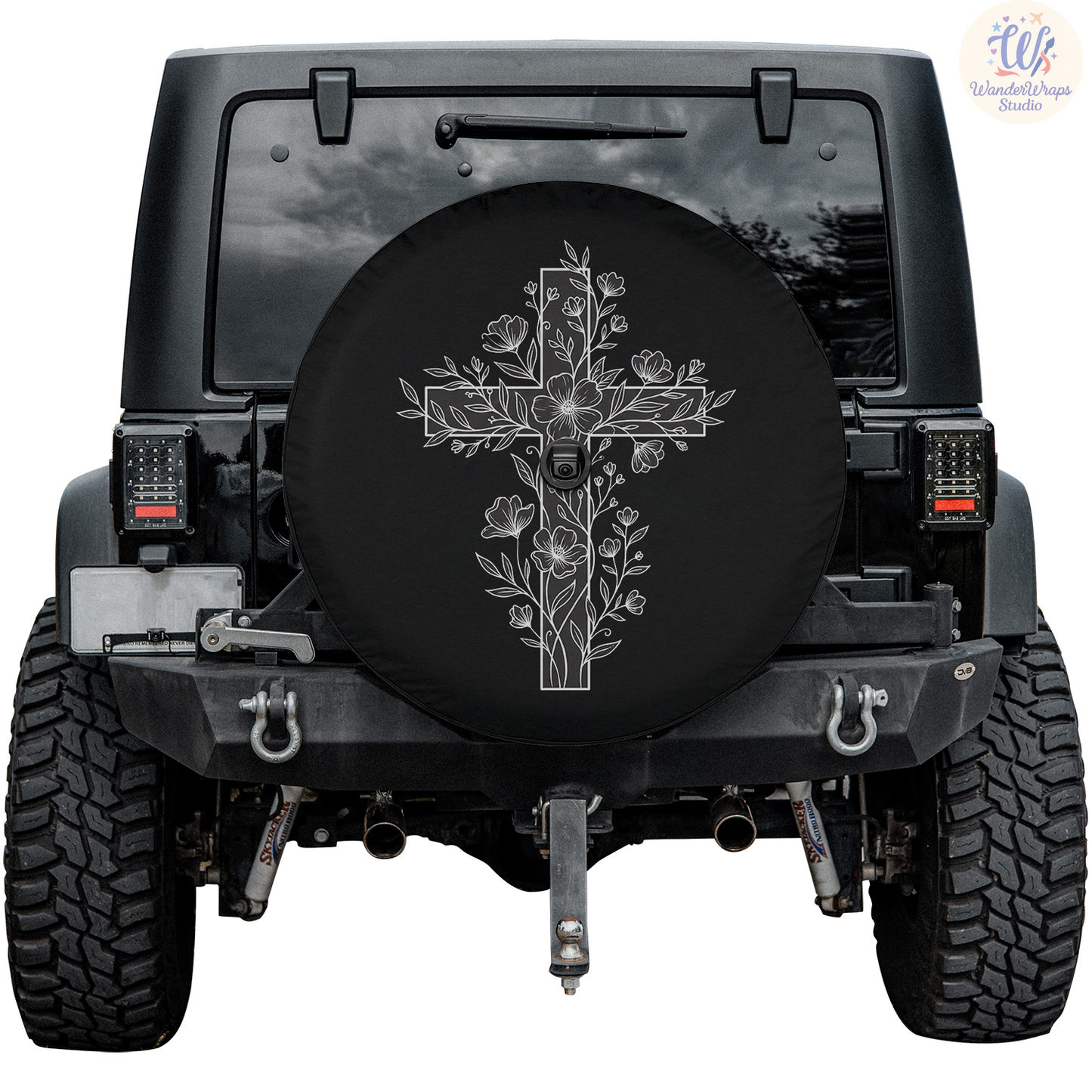 Floral Cross Spare Tire Cover – Waterproof UV Resistant Protector with Camera Hole