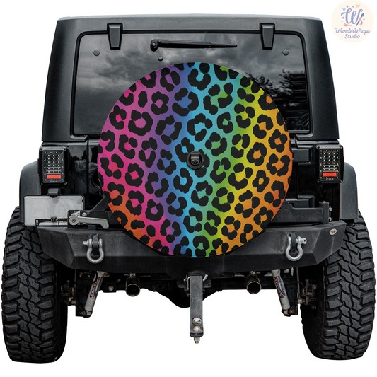 Neon Rainbow Leopard Spare Tire Cover – Waterproof UV Resistant Protector with Camera Hole