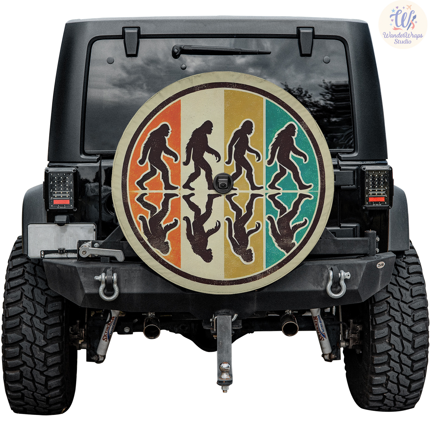 Four Bigfoot Silhouettes Spare Tire Cover – Waterproof UV Resistant Protector with Camera Hole