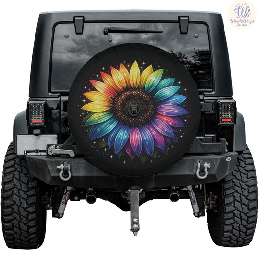 Sparkles Rainbow Sunflower Spare Tire Cover – Waterproof UV Resistant Protector with Camera Hole