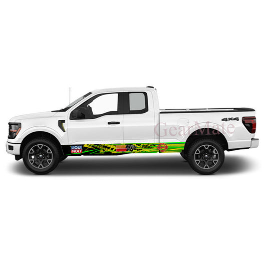 Green Yellow Liqui Moly  Stripes Rocker Panel Graphic Decal Kit (Left & Right Sides) - High Quality Vinyl for Trucks & SUVs