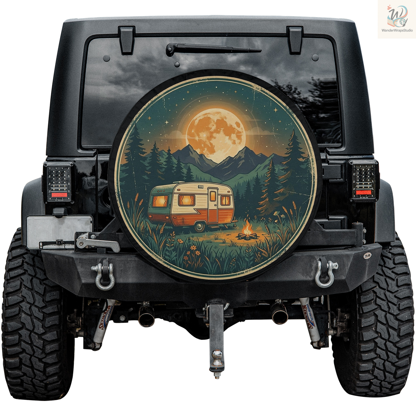 Retro Camping Night Spare Tire Cover – Waterproof UV Resistant Protector with Camera Hole